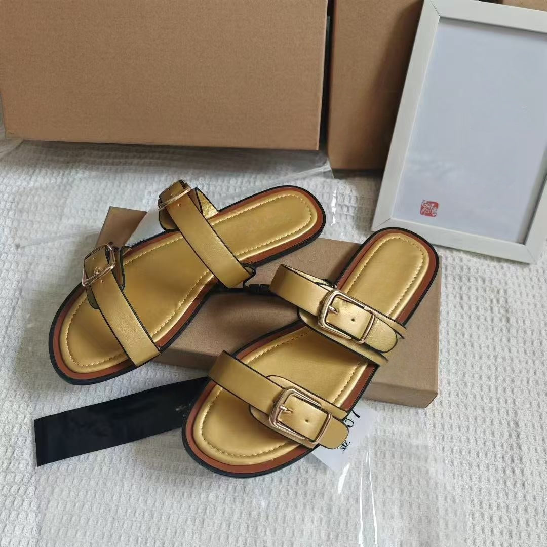 Women's New Fashion Casual Joker Double Flat Sandals Wearing Sandals Slippers.