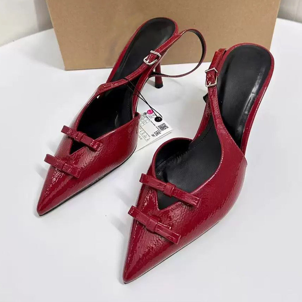 Women's New Fashion Joker French Red Pointy Bow High-heeled Sandals Women's Stiletto-heeled Baotou Empty Sandals.