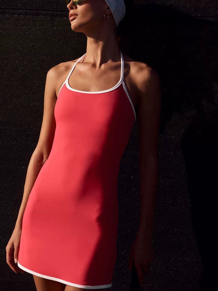 Women's New Fashion Joker Yoga One-piece Color Matching Hanging Neck High Elastic Speed Dry Anti-exposure Fitness Tennis Skirt