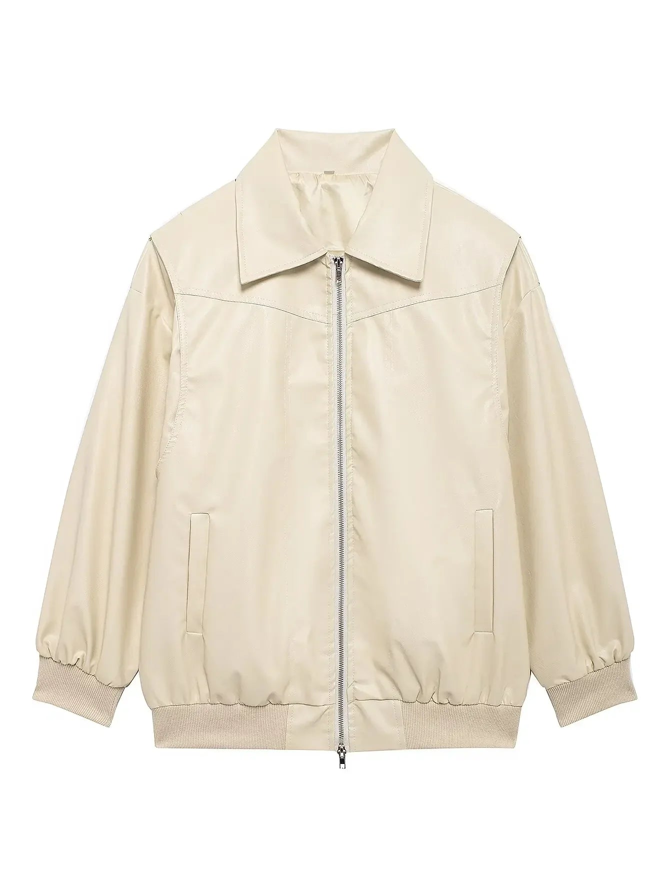 Women's new Fashion loose side pocket casual imitation leather jacket coat retro lapel long sleeved women's coat chic top