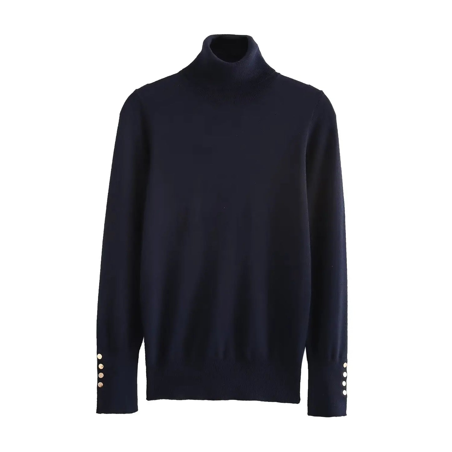 Women's new fashion Cuff button decoration casual versatile basic style knitted top retro high neck women's pullover chic top