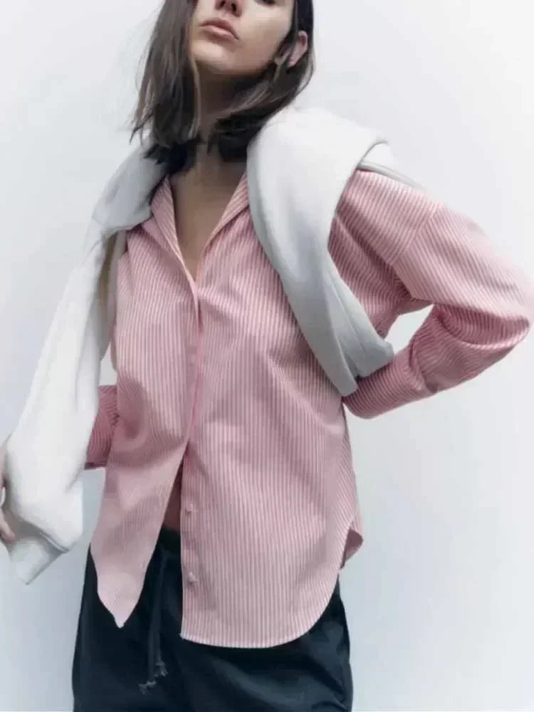 Women 2023 spring New Fashion Multicolor stripe Silk satin texture hang down Blouses Long Sleeve Button-up Female Shirts