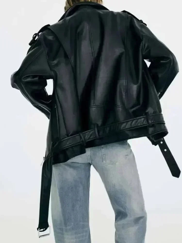 Women 2023 New Fashion With belt Loose Faux leather Locomotive style Jacket Coat Vintage Long Sleeve Female Outerwear Chic