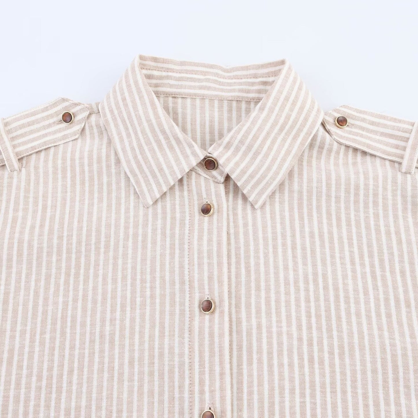 Women's 2025 new fashion casual single breasted striped shirt retro short sleeved women's shirt chic top
