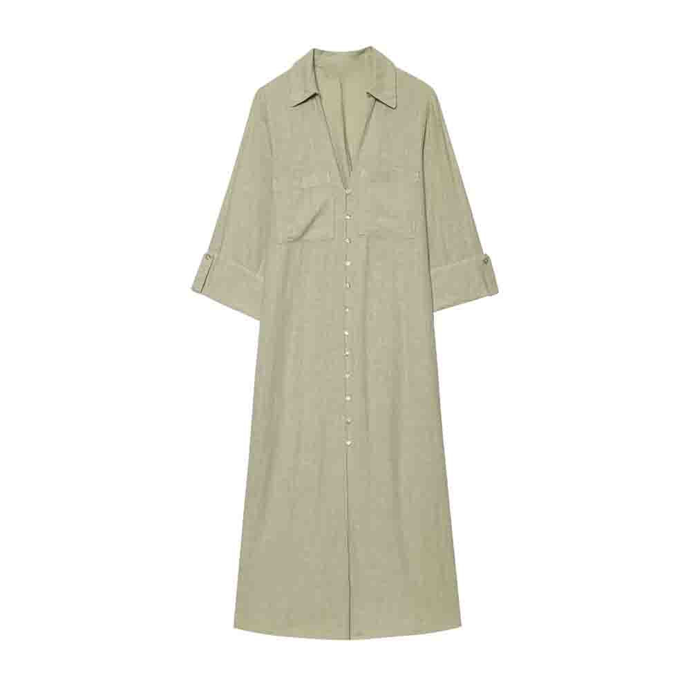 Women's new fashion buckle decoration loose linen blend shirt style MIDI dress