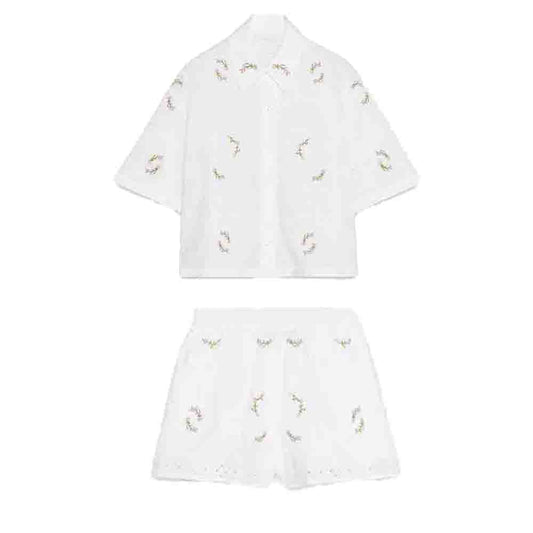 suit Women's 2 pieces new fashion short sleeved flower embroidered shirt+Shorts suit