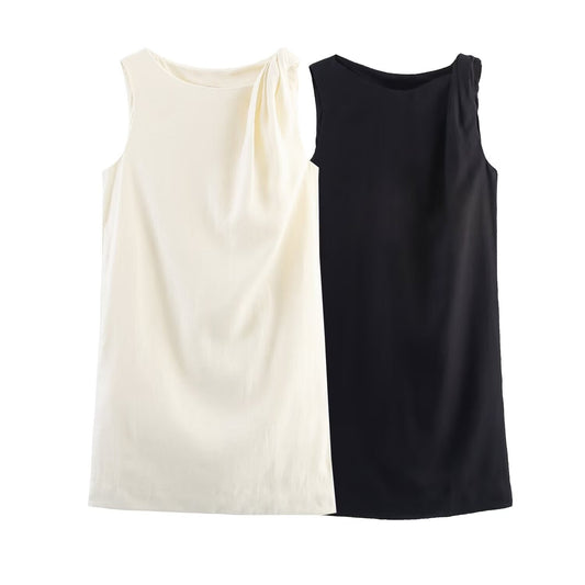 Women's new fashion knot decoration sleeveless linen blend mini dress