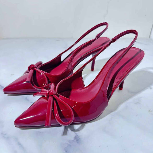 Women's New Fashion Joker Pointy Red Painted Bow Decorated with Fashionable Shallow-mouthed Rear Strap Sandals.