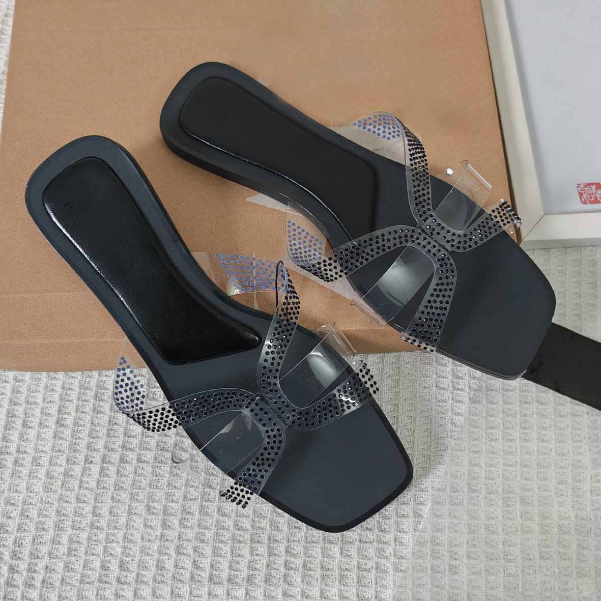 Women's New Casual Joker Transparent Drilling Flat Shoes Comfortable Sandals and Slippers
