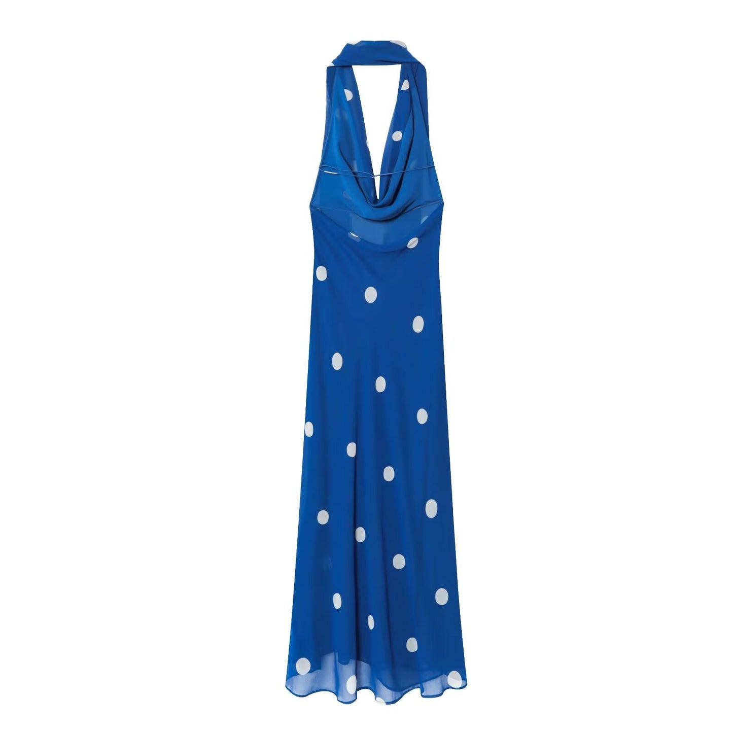 Women's new fashion with scarf polka dot print hanging neck MIDI dress