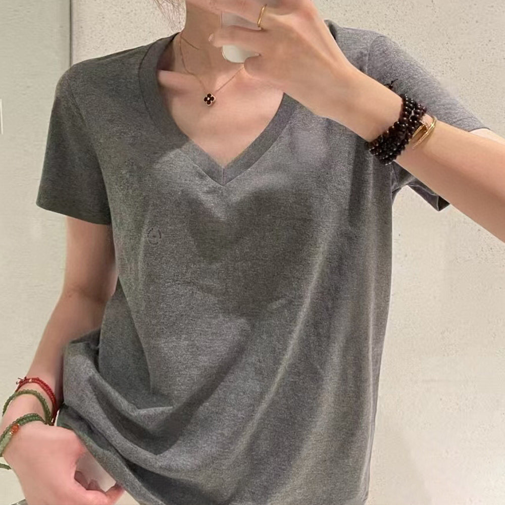 Women's new fashion casual Joker shoulder V-neck comfortable thin short-sleeved T-shirt