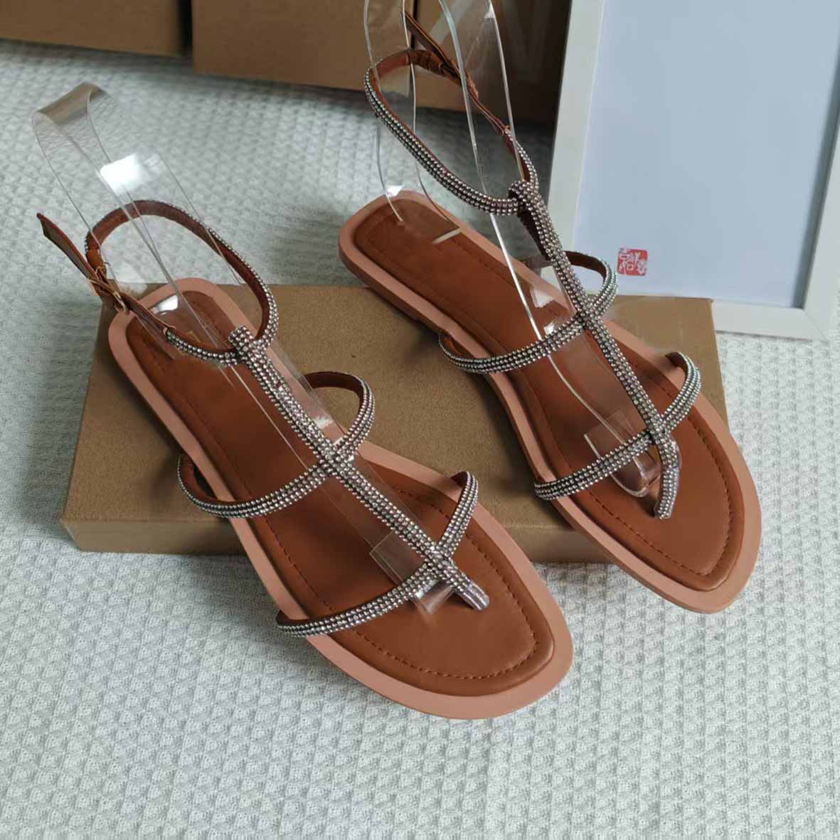 Women's New Casual Joker Toe Rhinestone Snake-wound Flat Sandals