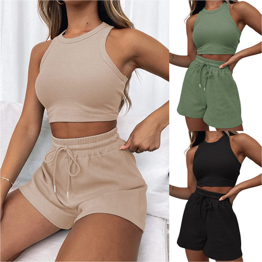 Women's Summer New Wild Sports Suit Solid Color Vest Fashion Casual Short 2-piece Yoga Suit