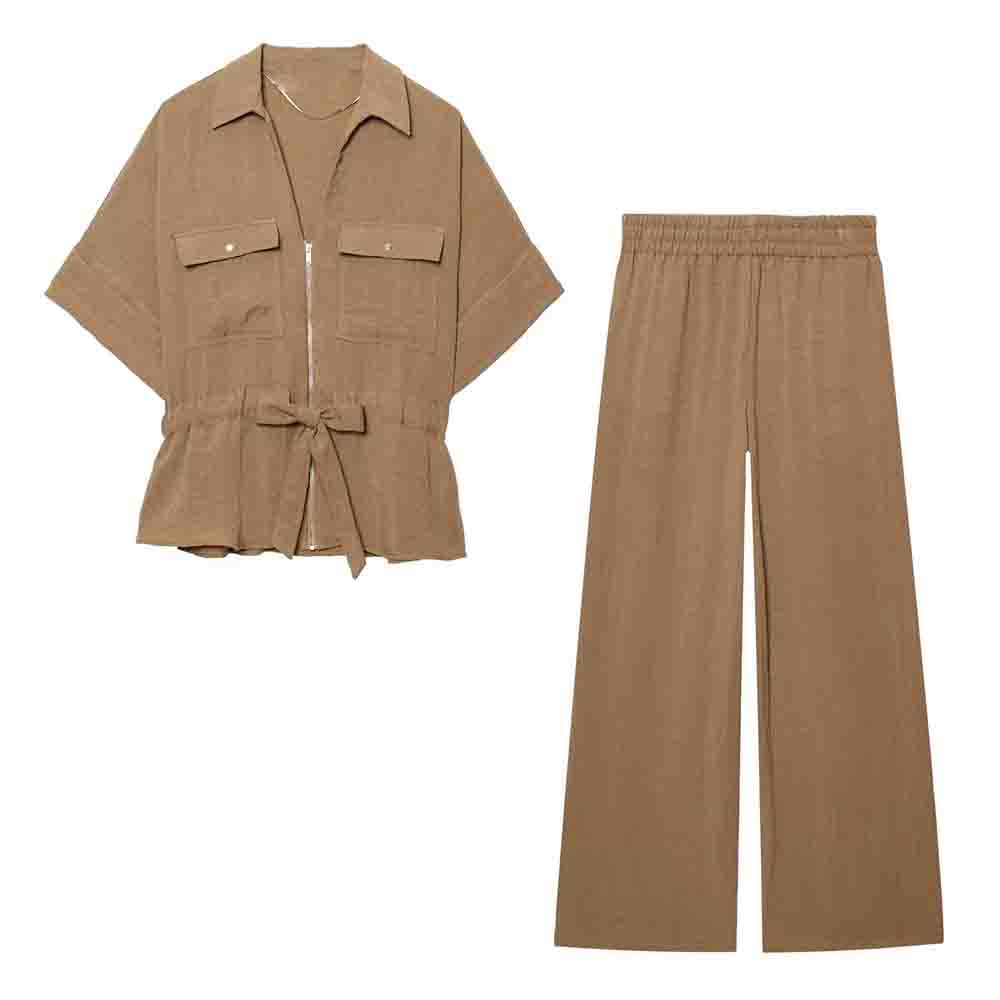 Women's new fashion bow decoration casual short sleeved zipper shirt+Pants Women's suit