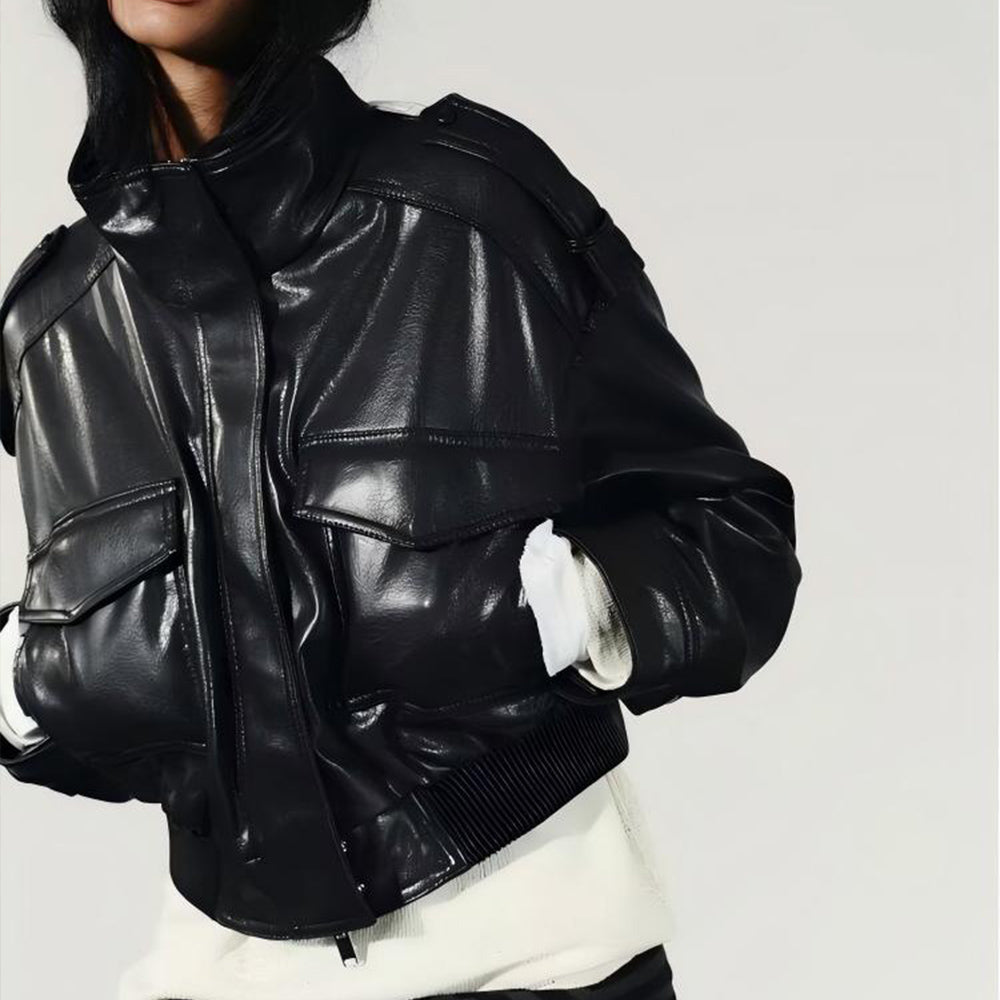 Women's new fashion faux leather effect short stand collar jacket Coat