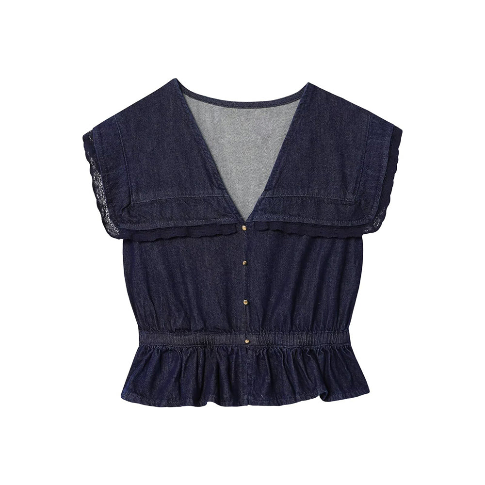 Women's new fashion lace Lapel short denim shirt+shorts suit