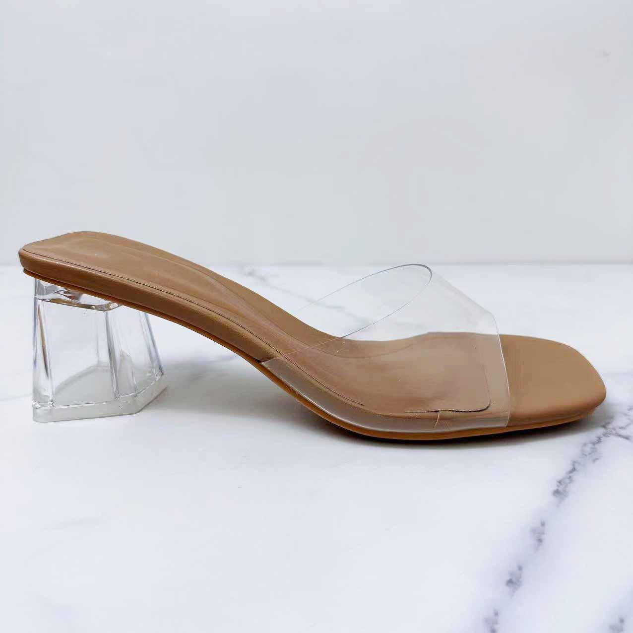 Women's New Fashion Joker Crystal Thick Heel Shoes PVC Transparent Joker High Heels Sandals.