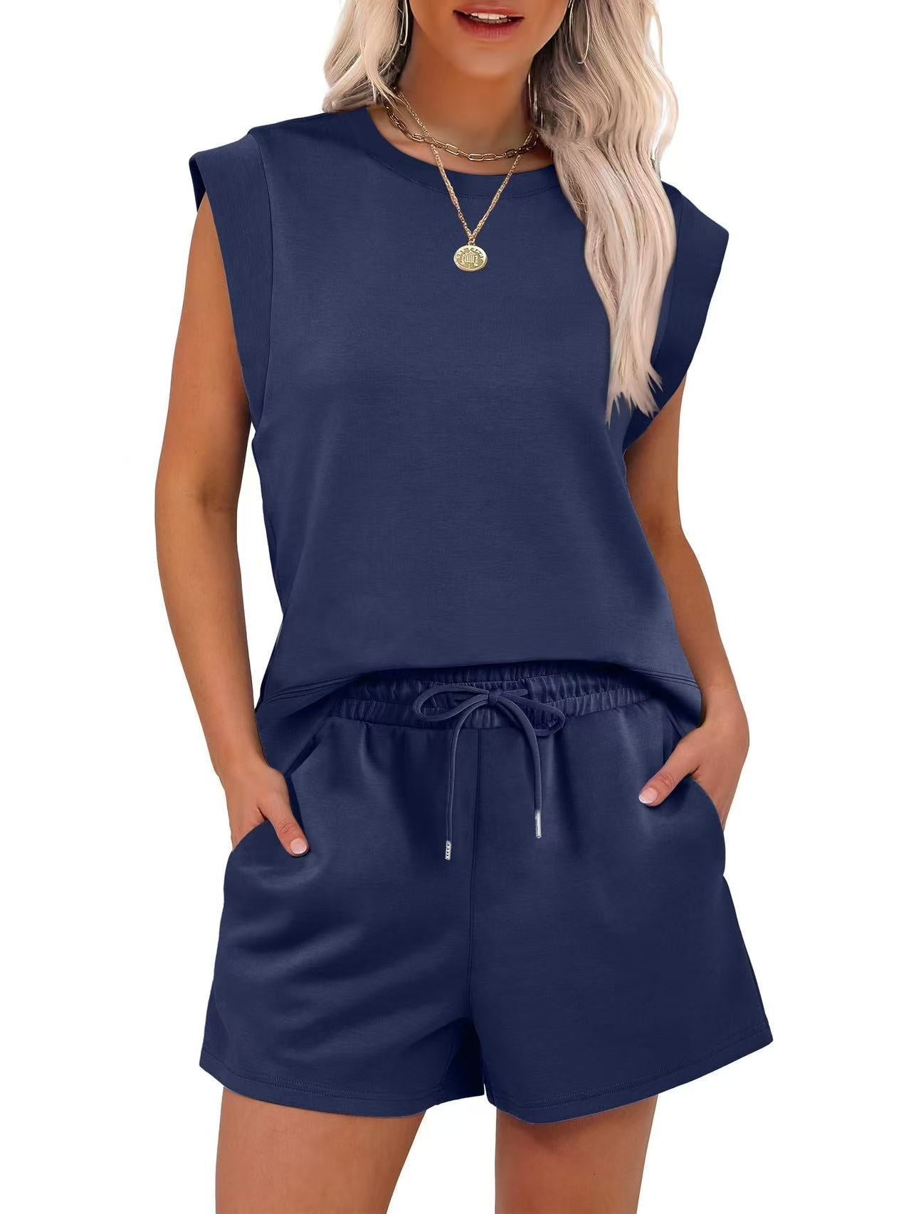Women's Summer 2-piece Suit with Round Neck Cover Sleeve Top and Pocket Shorts Suit