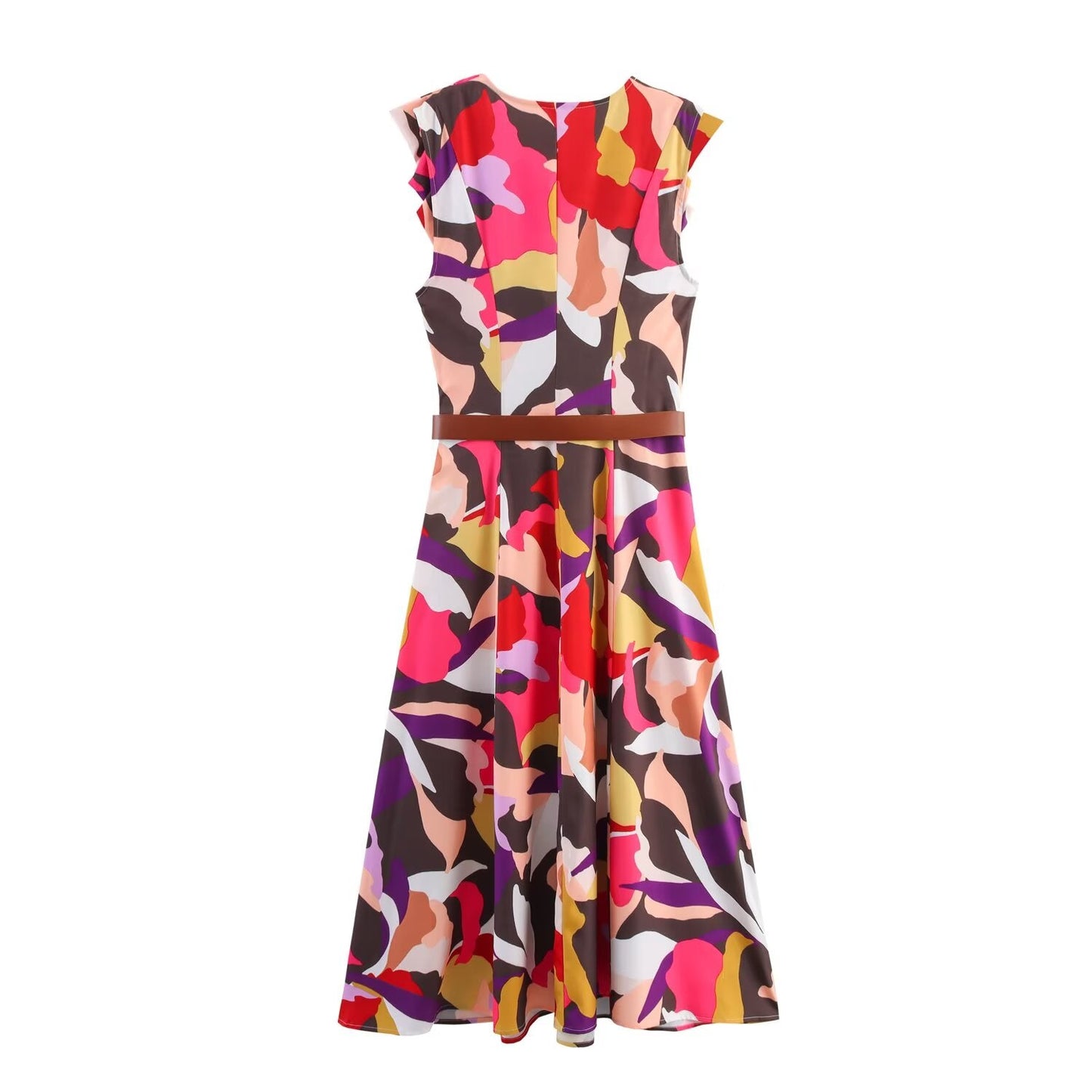 Women's New Fashion With Belt Printed V-neck Poplin Midi Dress