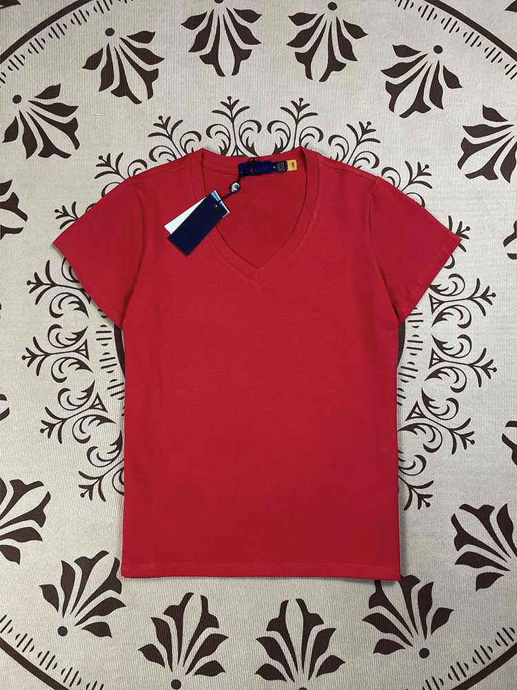 Women's New Fashion Joker Embroidered Pure Cotton Solid Color V-neck Slim T-shirt