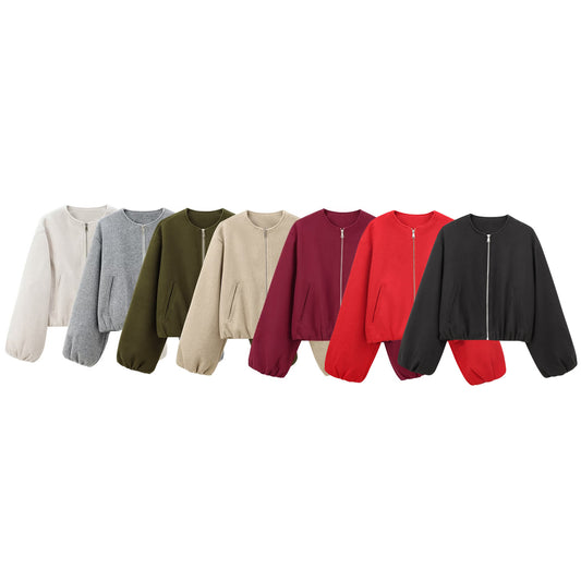 Women's soft textured O Neck zipper pilot jacket Coat