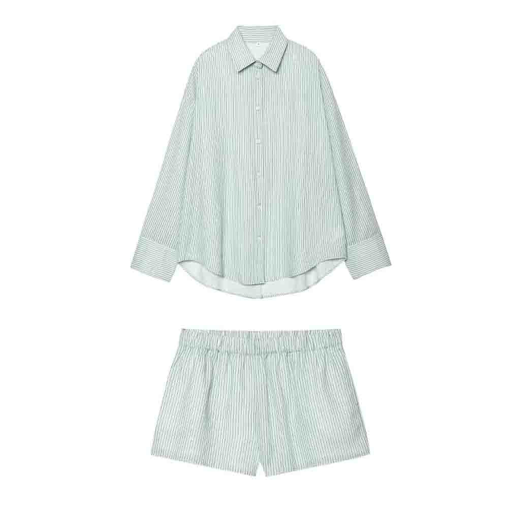 Women's new fashion loose single breasted long sleeved striped shirt+Shorts Women's suit
