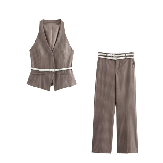 Women's new fashion with Belt pocket decoration casual short striped V Neck vest retro sleeveless button up women's vest chic top