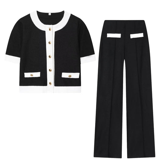 Women's 2 pieces short sleeved contrasting woolen Coat+Pants