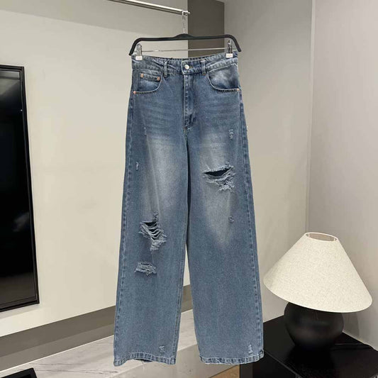 Women's New Fashion Casual Joker Hole Design Loose Jeans Retro High Waist Zipper Female Ankle Jeans Female