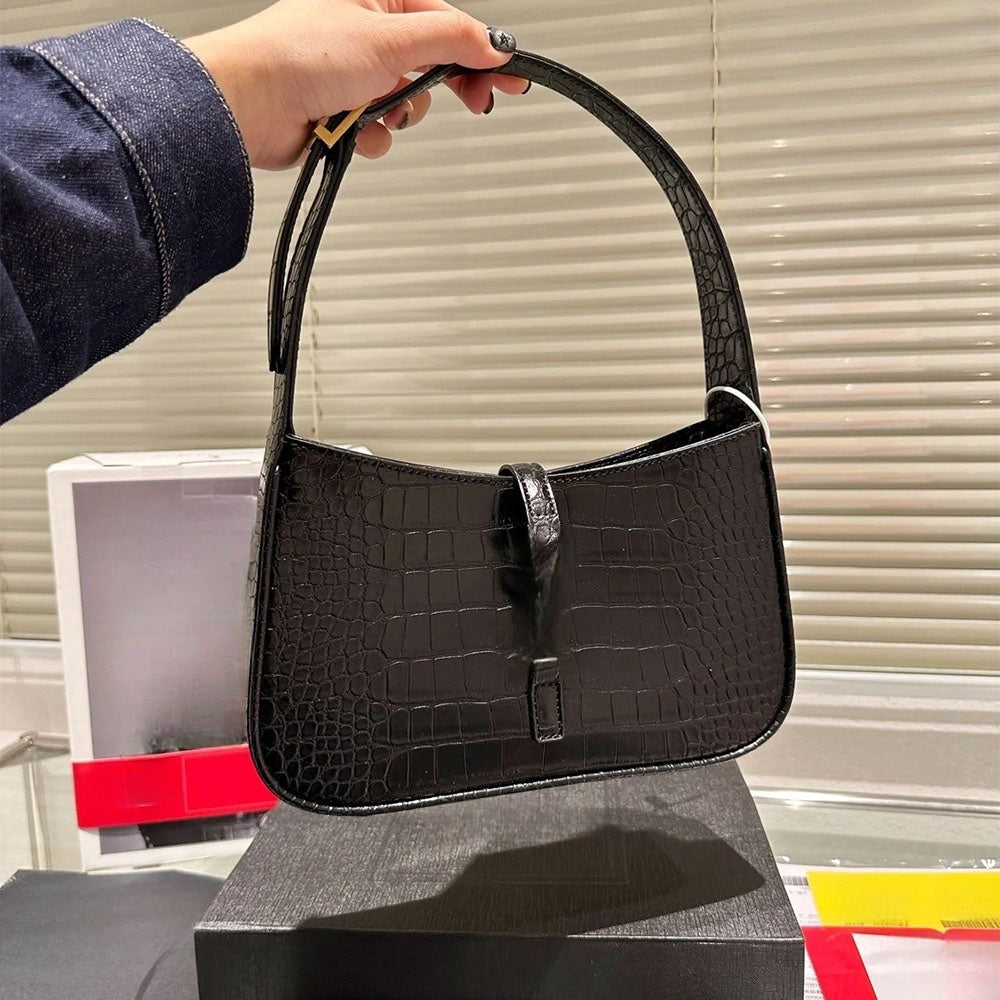 Women's New Joker Black Crocodile Metal-Decorated Underarm Bag One-Shoulder Handbag