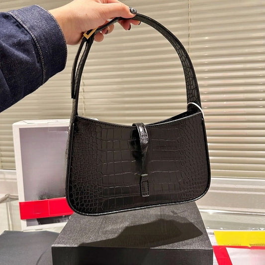 Women's New Joker Black Crocodile Metal-Decorated Underarm Bag One-Shoulder Handbag