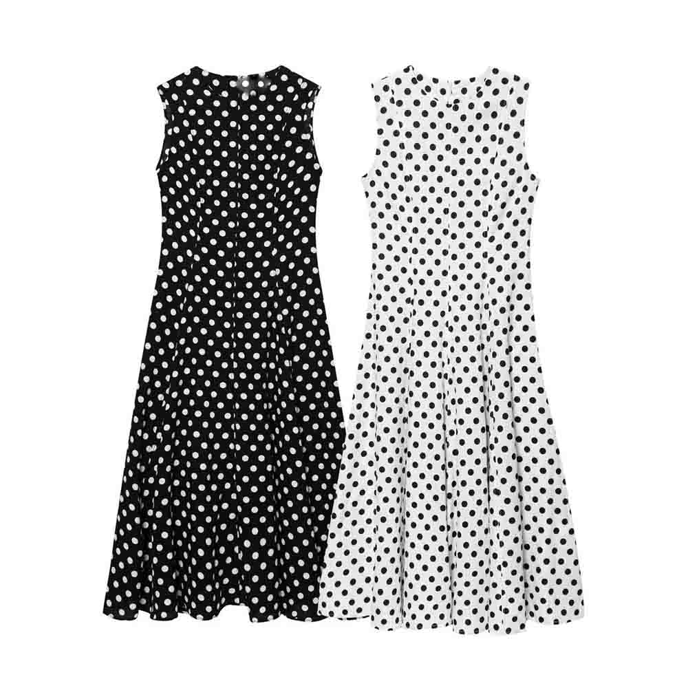 women's New Fashion sleeveless polka dot printed draped MIDI dress