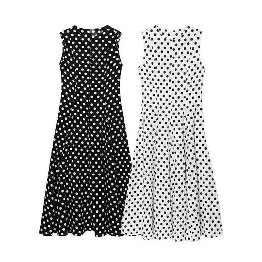 women's New Fashion sleeveless polka dot printed draped MIDI dress