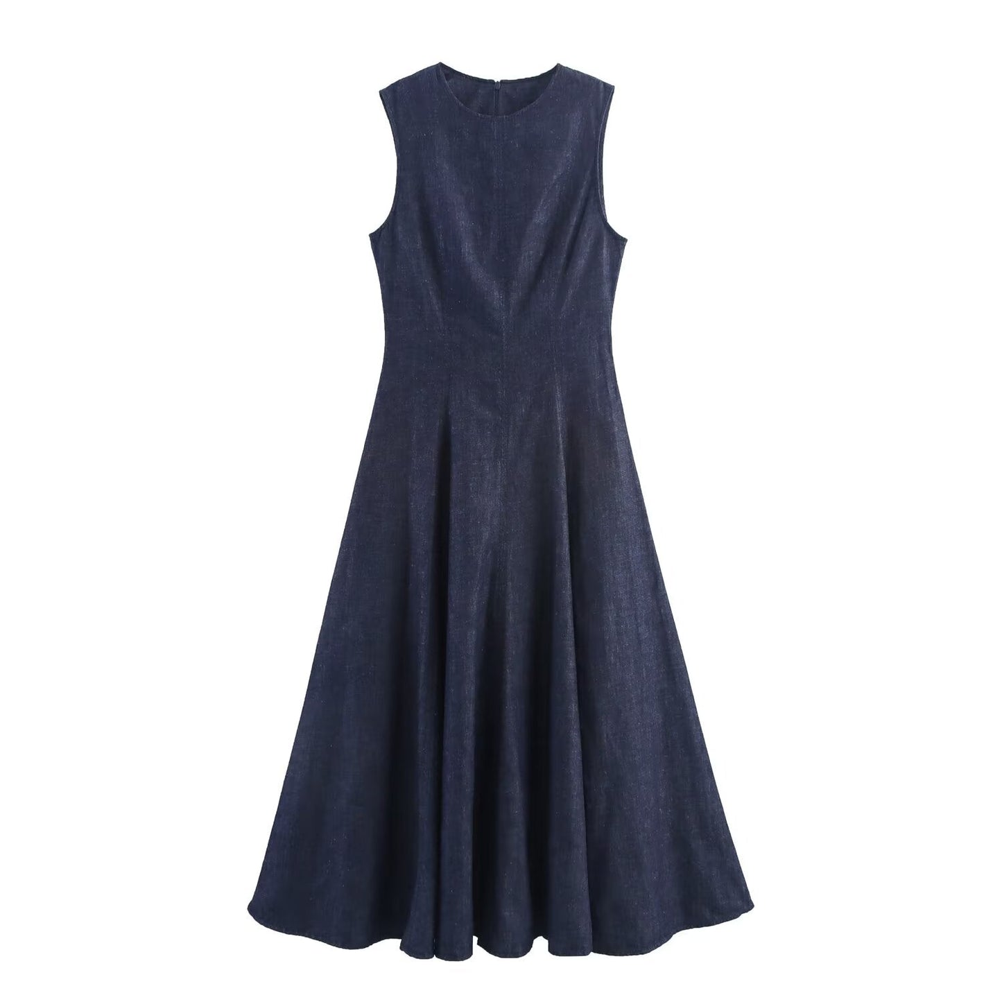 Women's new fashion sleeveless round neck denim Midi dress