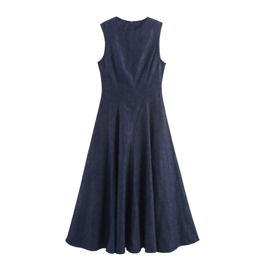 Women's new fashion sleeveless round neck denim Midi dress