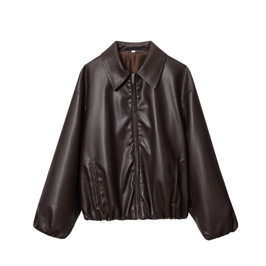 Women's new fashion loose zipper faux leather flight jacket Coat