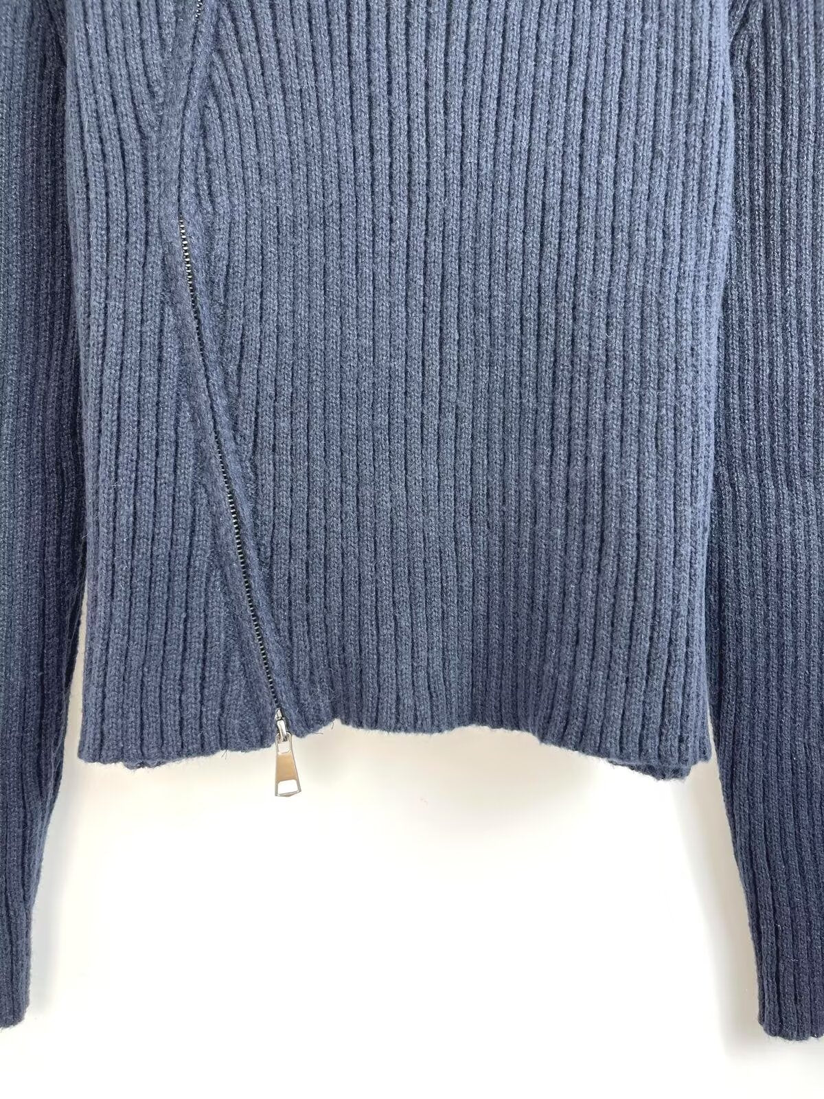 Women's new fashion double zipper lapel ribbed knitted Coat