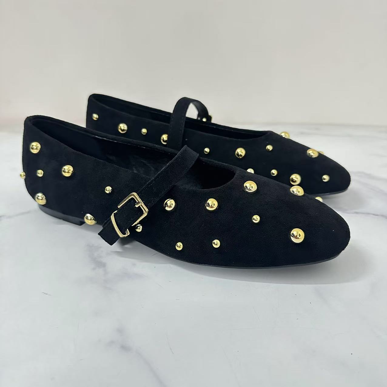 Women's 2025 New Fashion Joker Retro Rivet Mary Jane Suede Ballet Flat Shoes