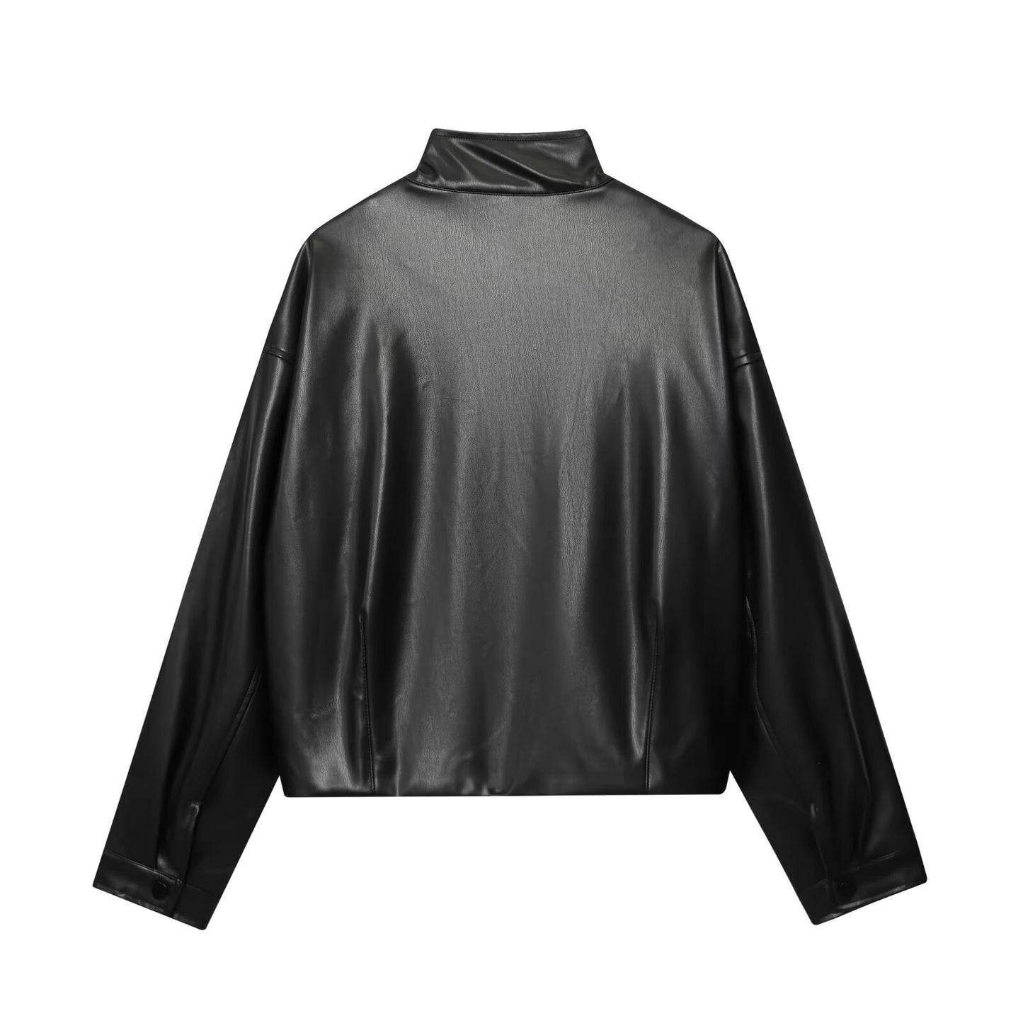 Women's new fashion black high neck faux leather flight jacket Coat