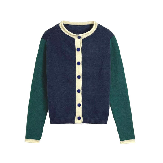 Women's new fashion O Neck long sleeved contrasting knitted Coat