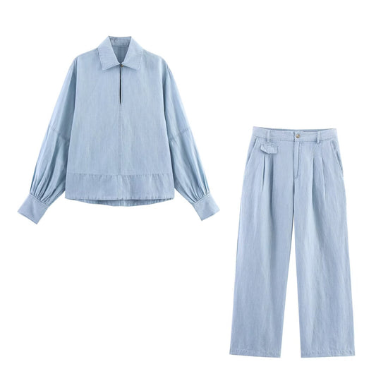 Women's new fashion long sleeved denim button up shirt+Pants suit