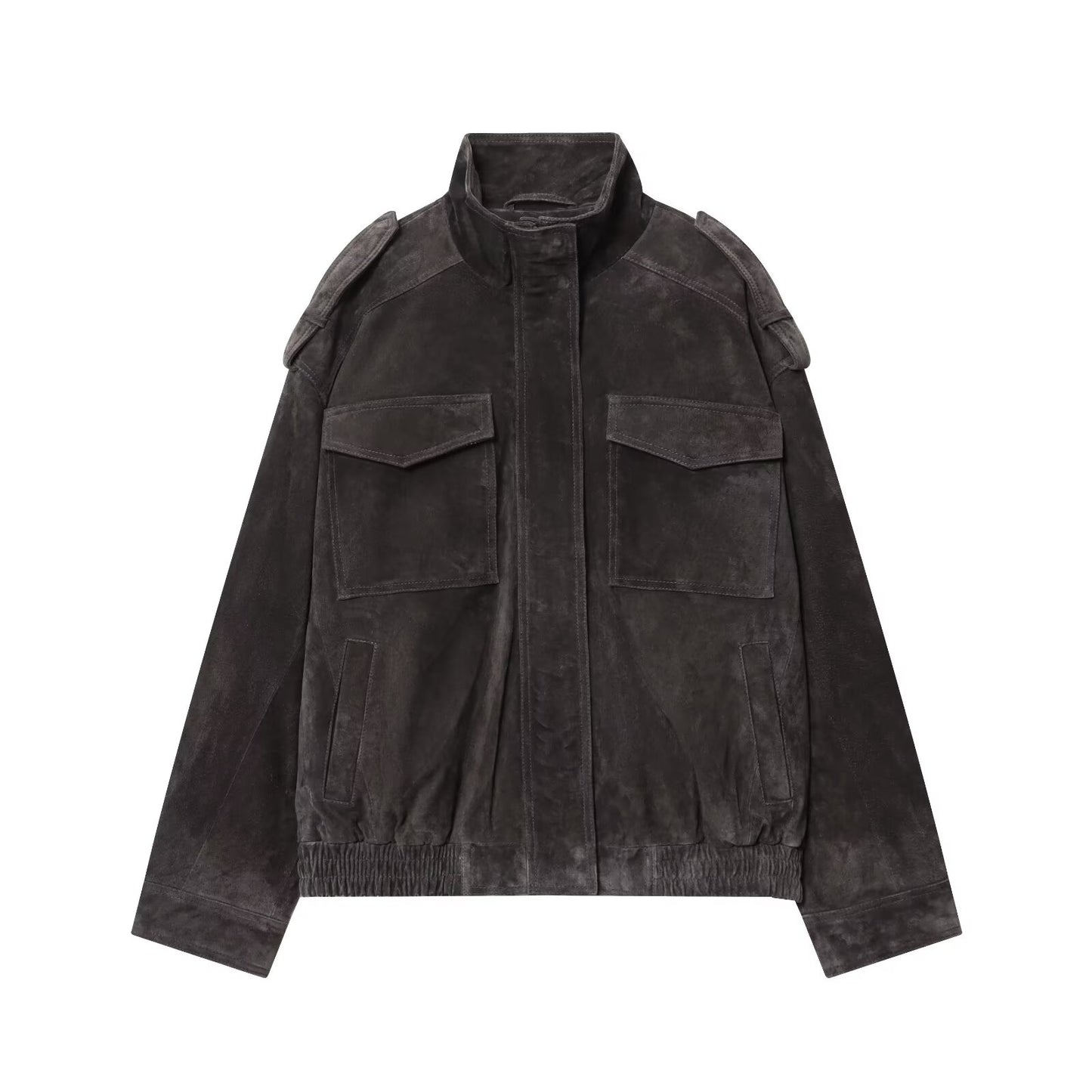 Women's new fashion loose stand collar suede textured leather jacket