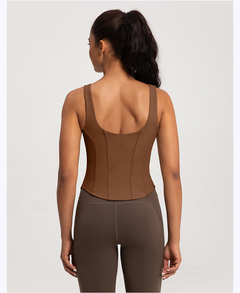 LU Women's Yoga Vest One-piece Slim Abdominal Waist Fitness Rib Top with Chest Cushion