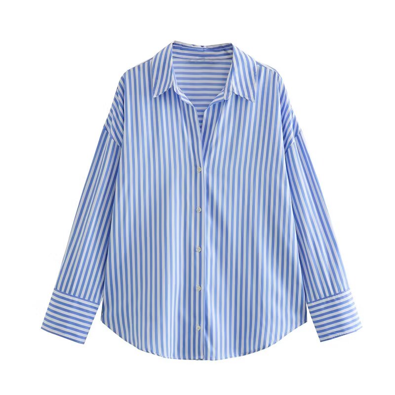 Women's new fashion loose basic style multi-color versatile poplin shirt casual striped shirt retro long sleeved button up women's shirt chic top