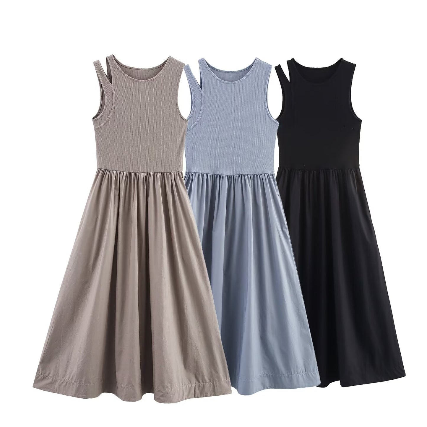 Women's new fashion elastic slim O-Neck sleeveless wide pleated MIDI dress