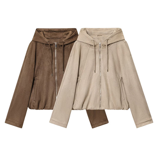 Women's new fashion suede texture effect hooded flying jacket Coat