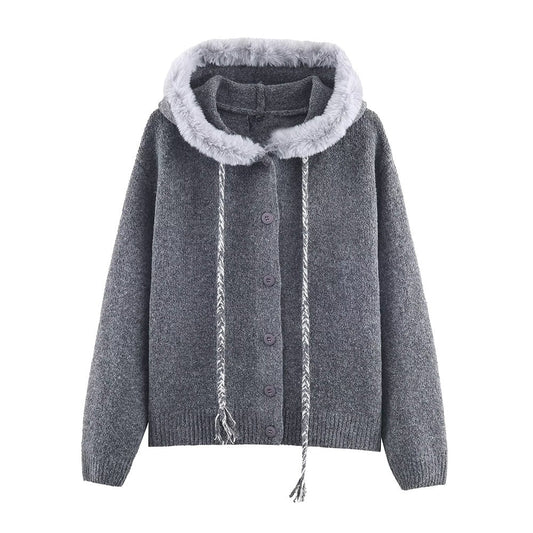 Women's plush hooded woven rope tassel knitted cardigan