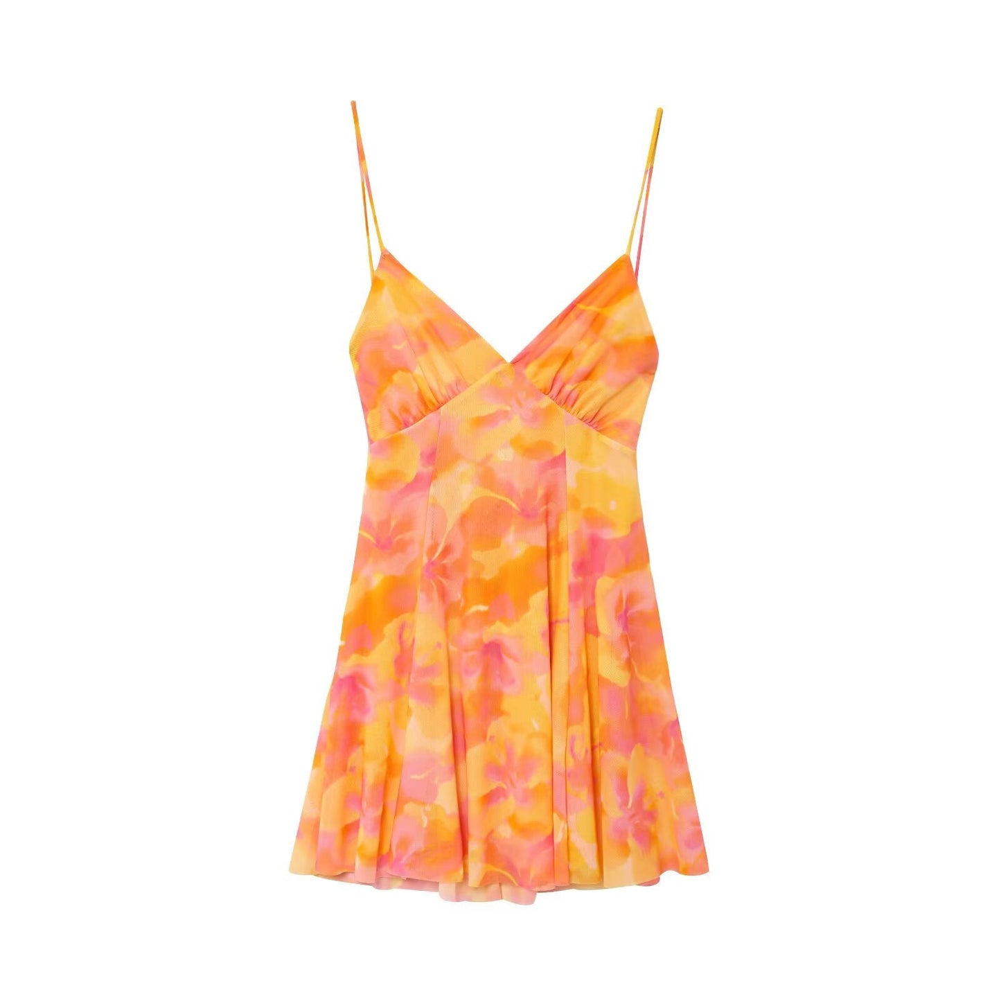 Women's new Fashion slim V-neck printed tulle suspender mini dress