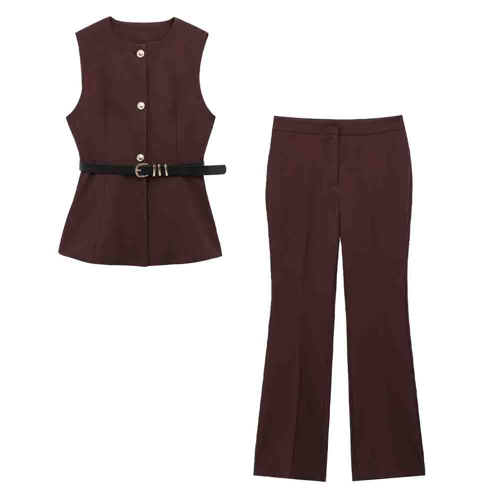 Women's new fashion with Belt casual single breasted O-Neck vest+Pants Women's suit
