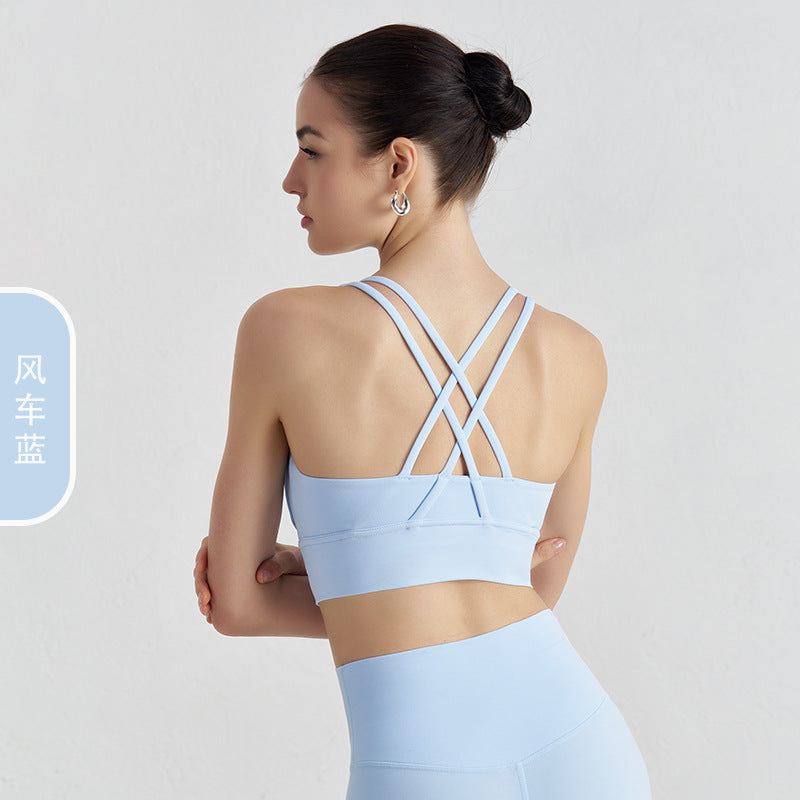 Women's new double-sided sanding cross back sports bra shockproof gathered yoga bra fitness vest